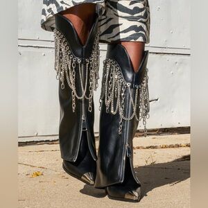 SOLD OUT! Azalea Wang Silver Embellished Boots with Chains & Zipper Detailing.